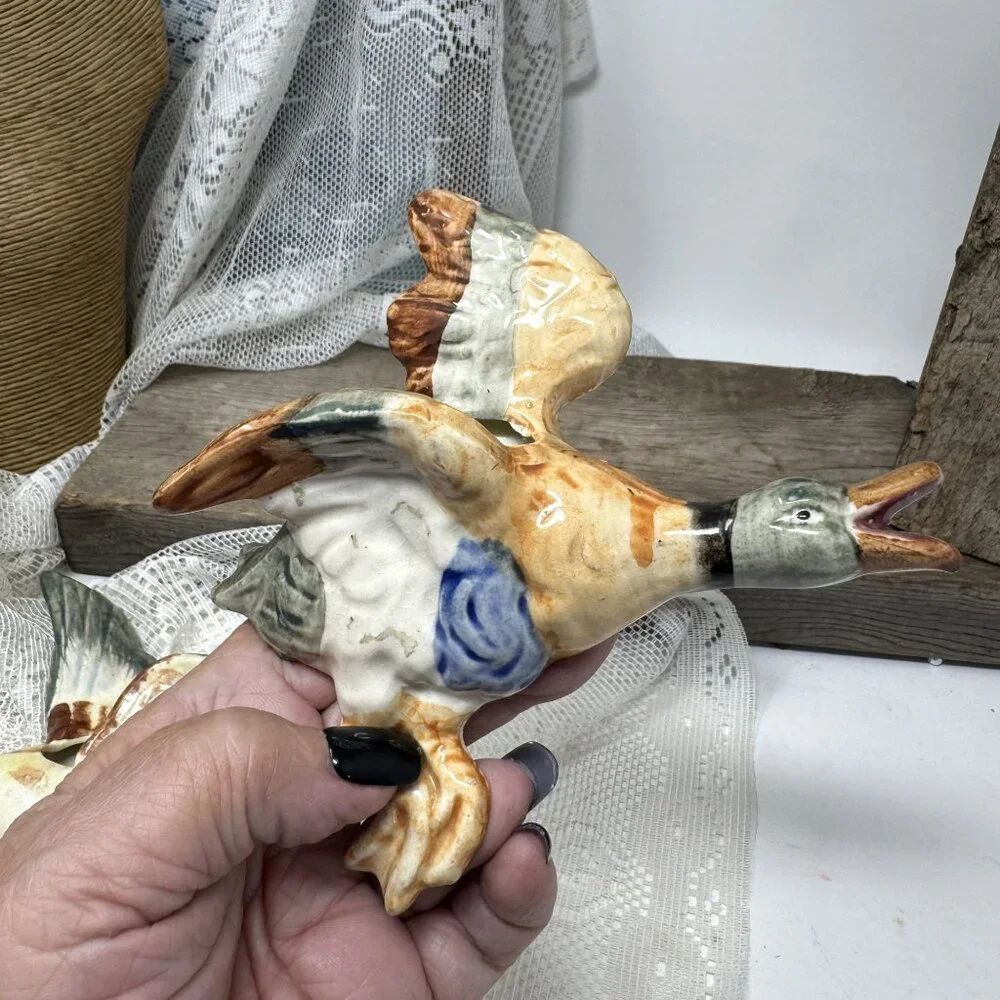 Vintage Ceramic Flying Mallard Duck Figurine Wall Pocket Planter Japan Mid-Centu